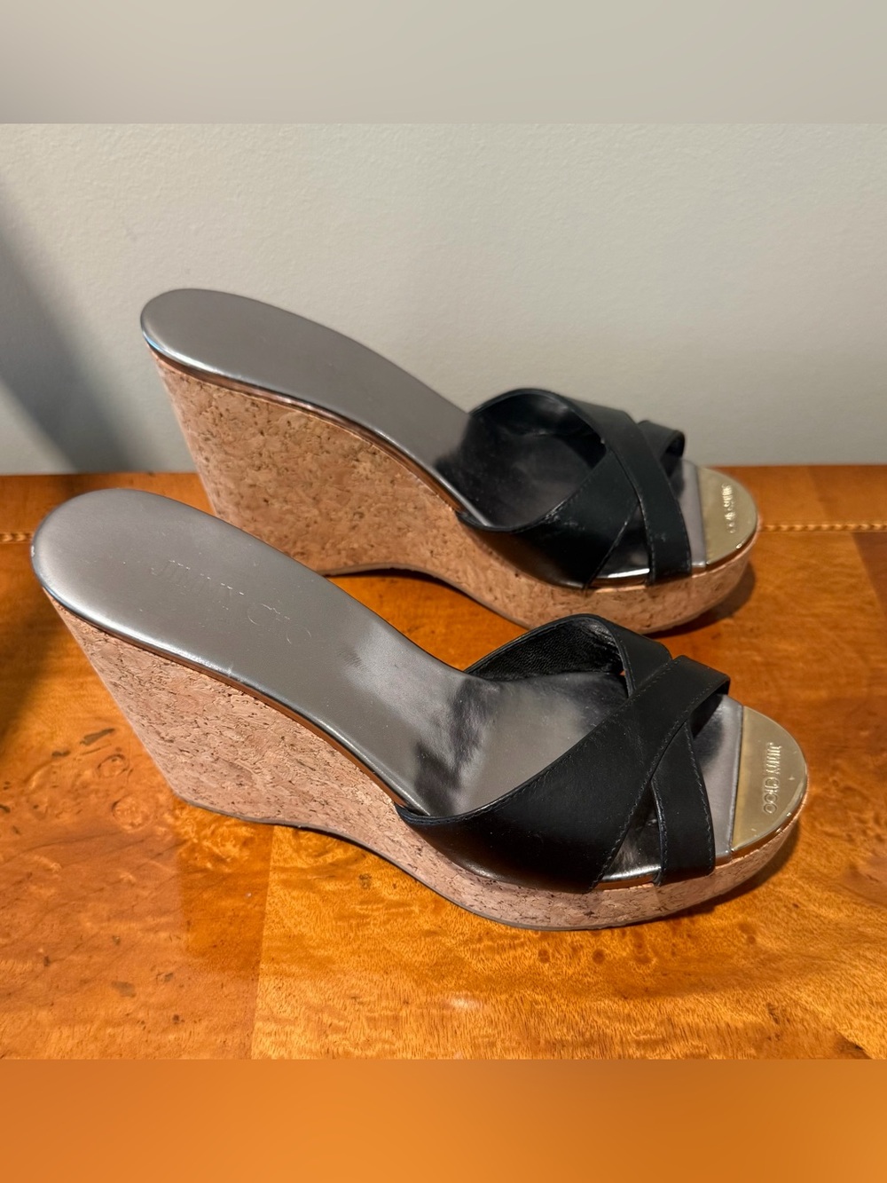 Jimmy Choo Perfume Wedge Metallic/Black Sandals - Size 36.5 - Worn once!!!